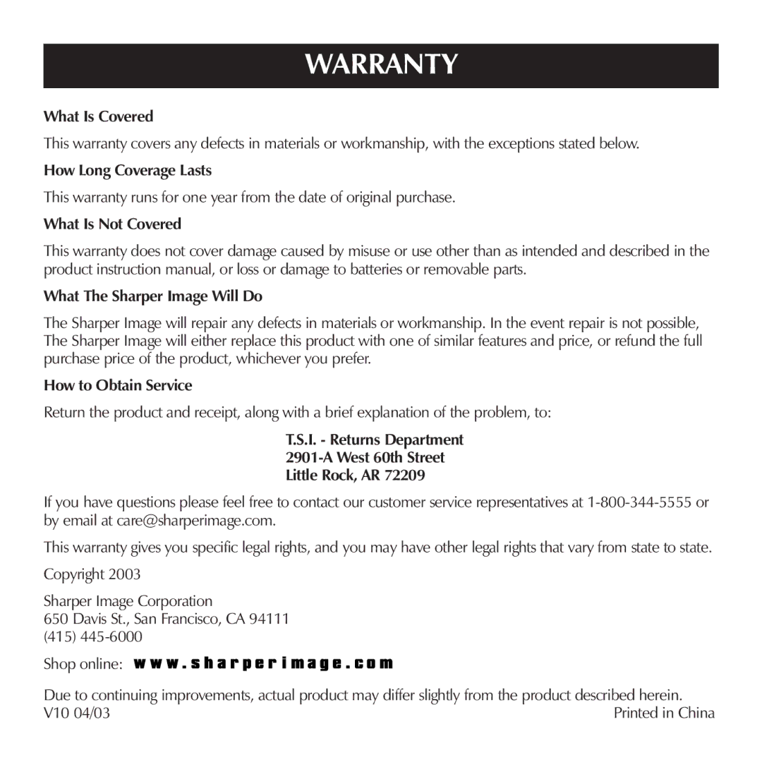 Sharper Image SI513, SI519 manual Warranty 