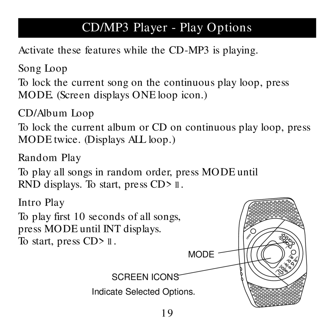 Sharper Image SI738 manual CD/MP3 Player Play Options, Song Loop, CD/Album Loop, Random Play, Intro Play 