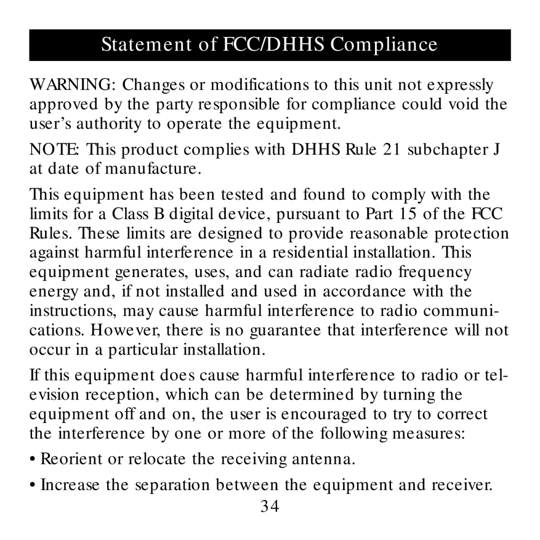 Sharper Image SI738 manual Statement of FCC/DHHS Compliance 