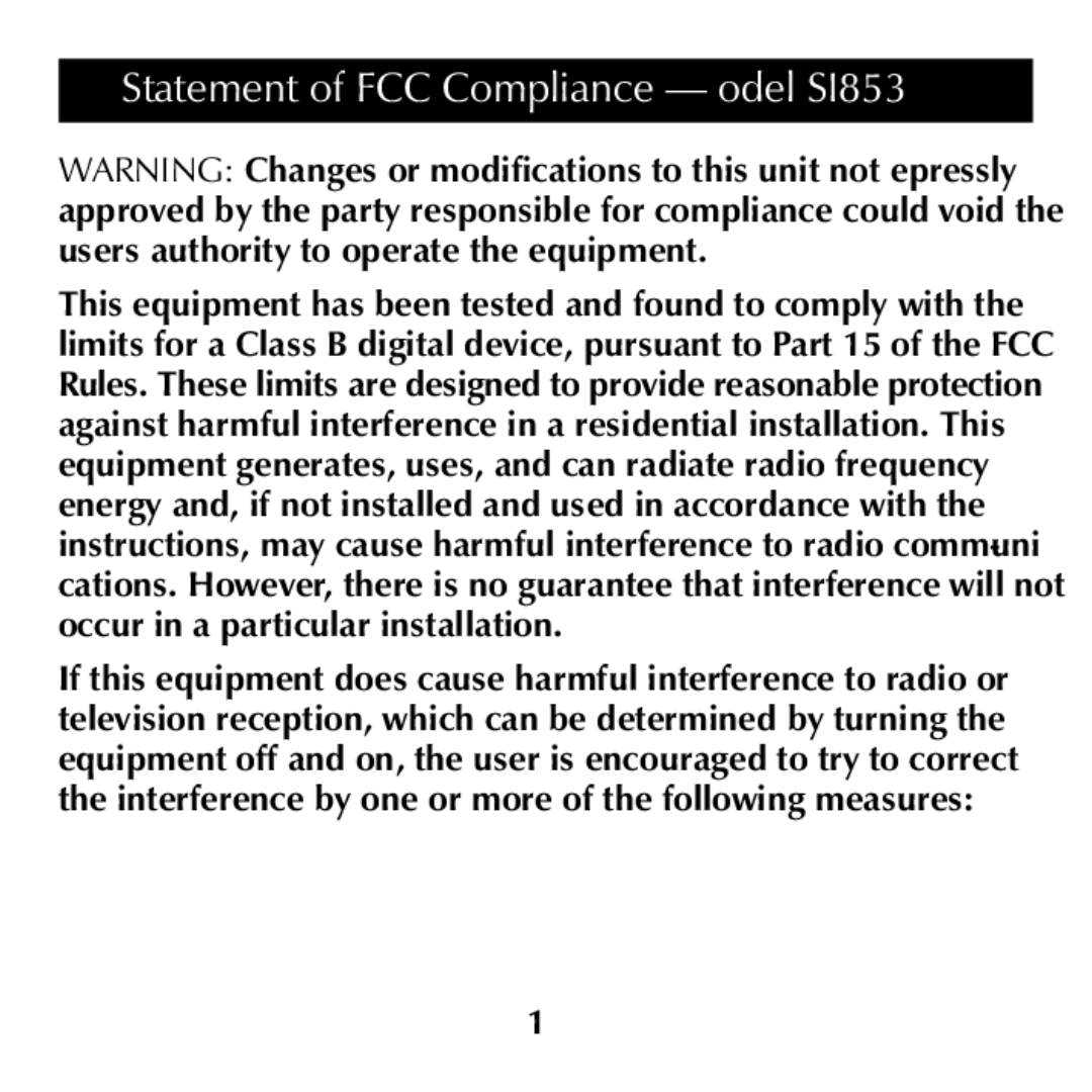 Sharper Image manual Statement of FCC Compliance Model SI853 