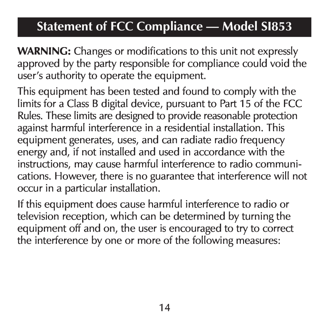 Sharper Image manual Statement of FCC Compliance - Model SI853 