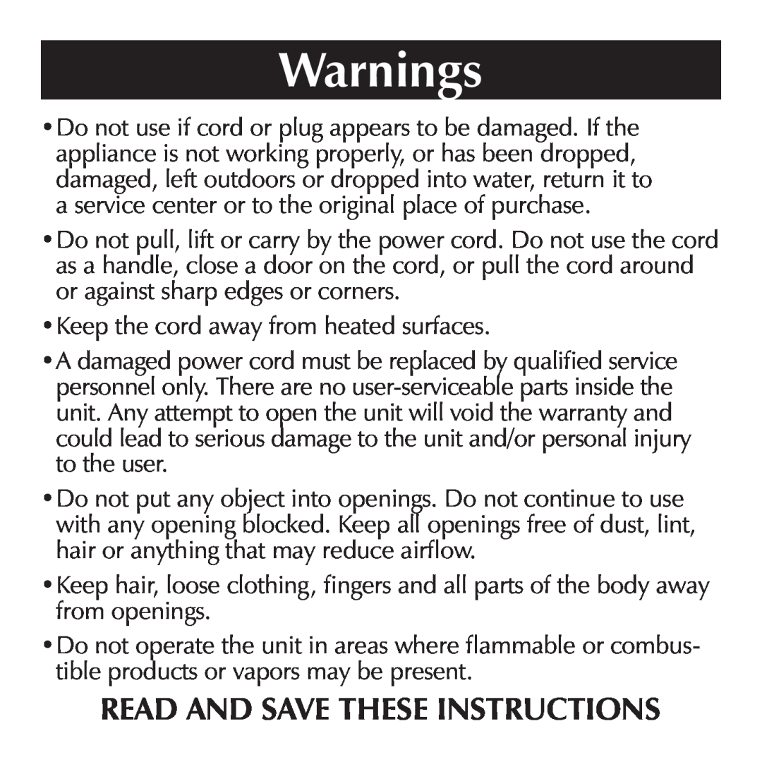 Sharper Image SI853 manual Warnings, Read And Save These Instructions 