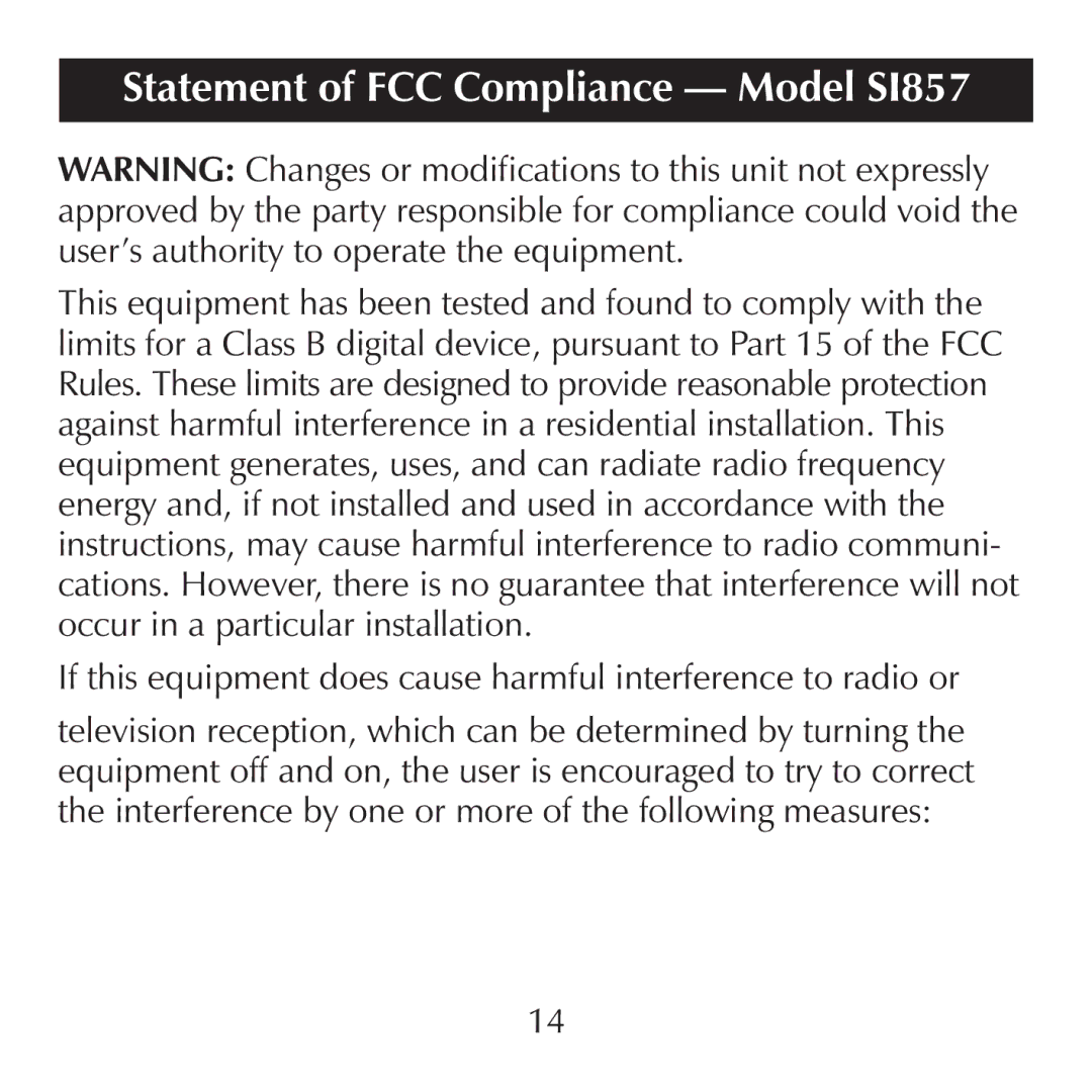 Sharper Image manual Statement of FCC Compliance Model SI857 