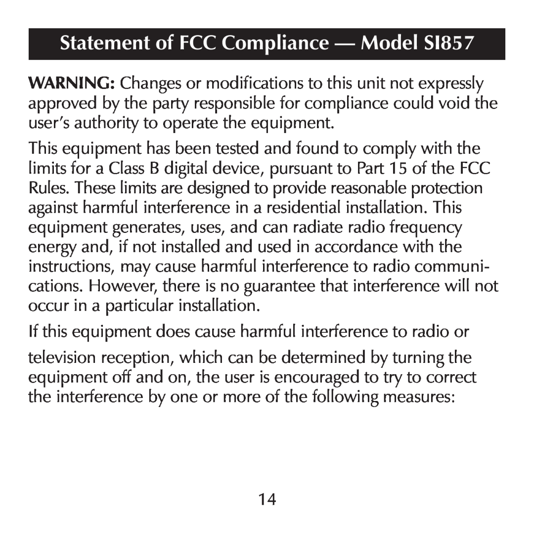 Sharper Image manual Statement of FCC Compliance - Model SI857 
