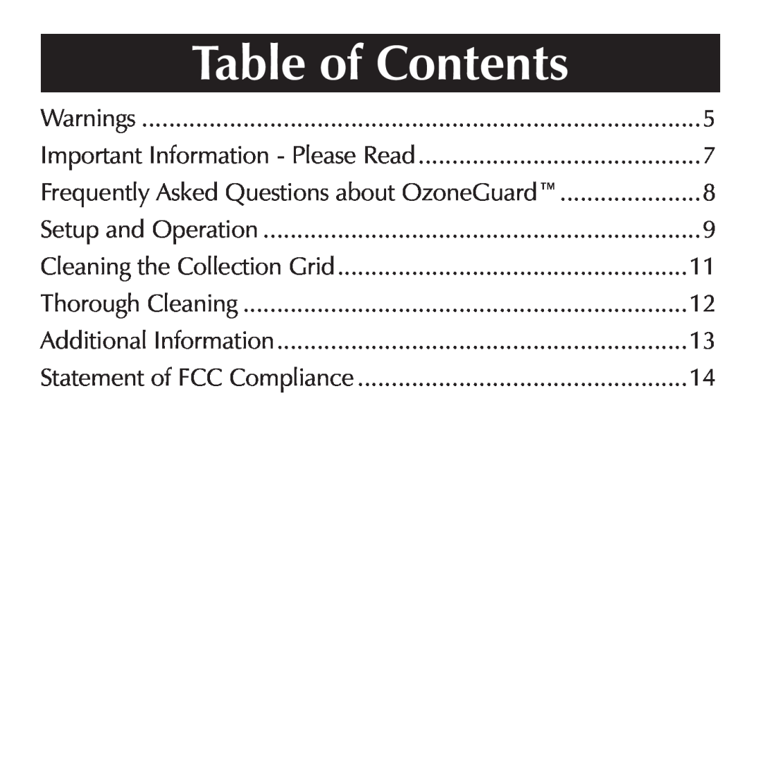 Sharper Image SI857 manual Table of Contents, Additional Information, Cleaning the Collection Grid, Warnings 