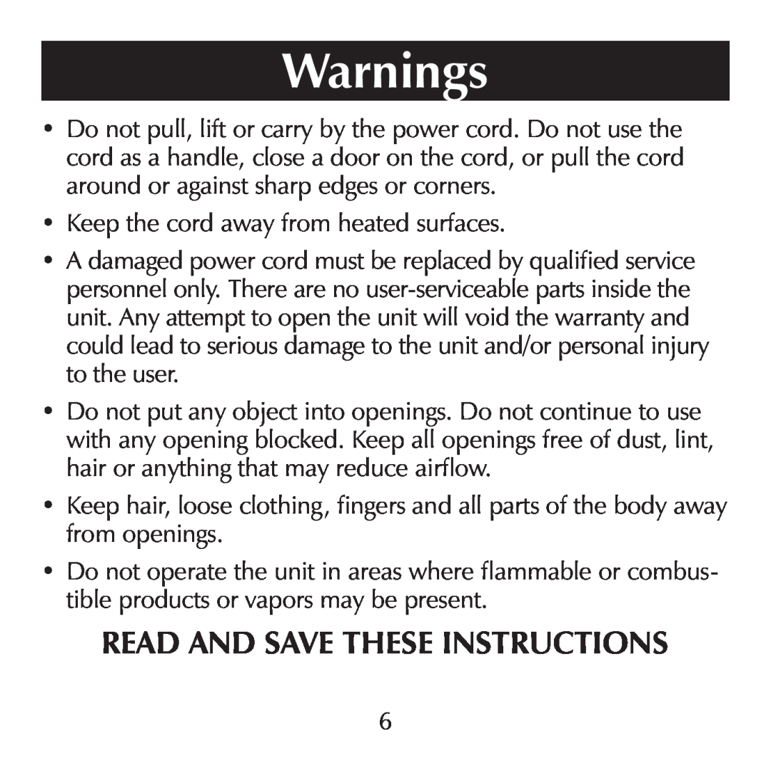 Sharper Image SI857 manual Warnings, Read And Save These Instructions 