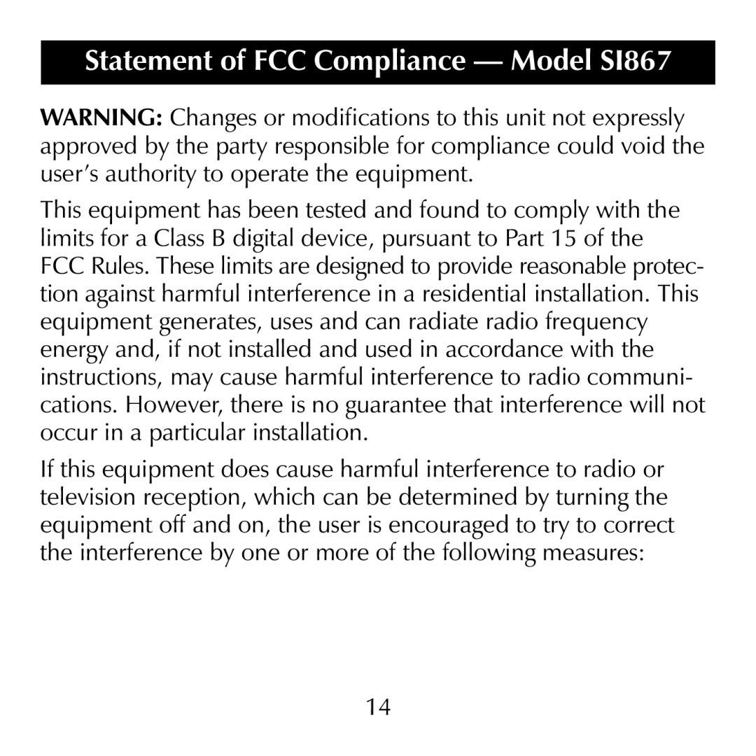 Sharper Image manual Statement of FCC Compliance Model SI867 