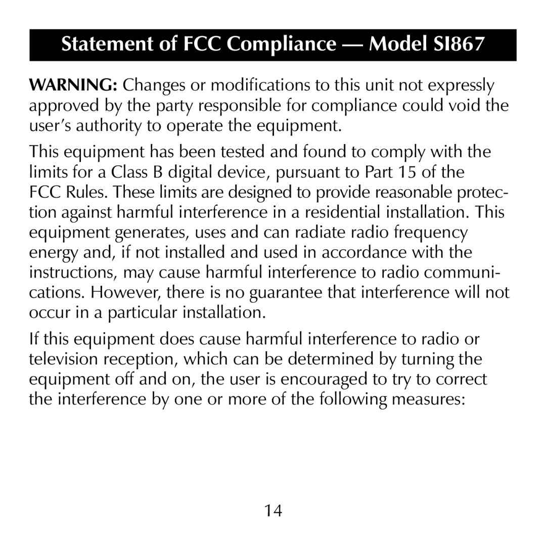Sharper Image manual Statement of FCC Compliance - Model SI867 