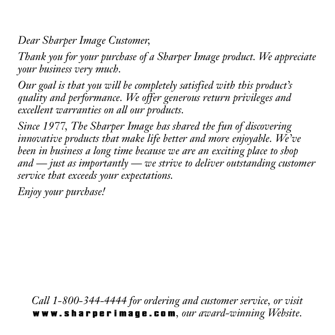 Sharper Image SI867 manual Dear Sharper Image Customer 
