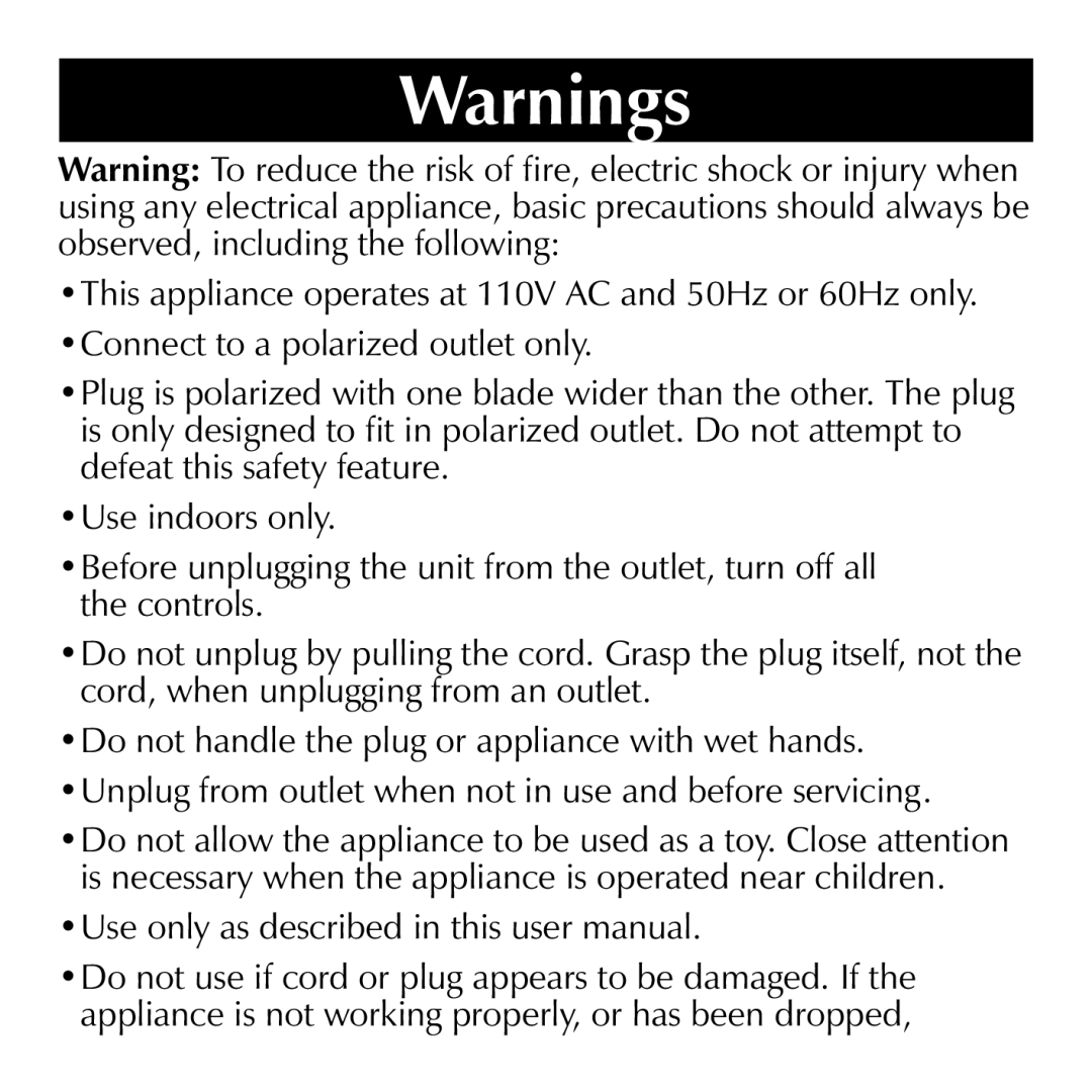 Sharper Image SI867 manual Warnings 