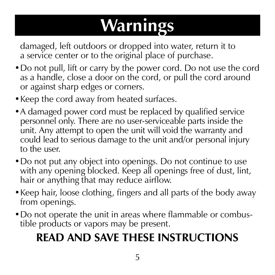 Sharper Image SI867 manual Warnings, Read And Save These Instructions 