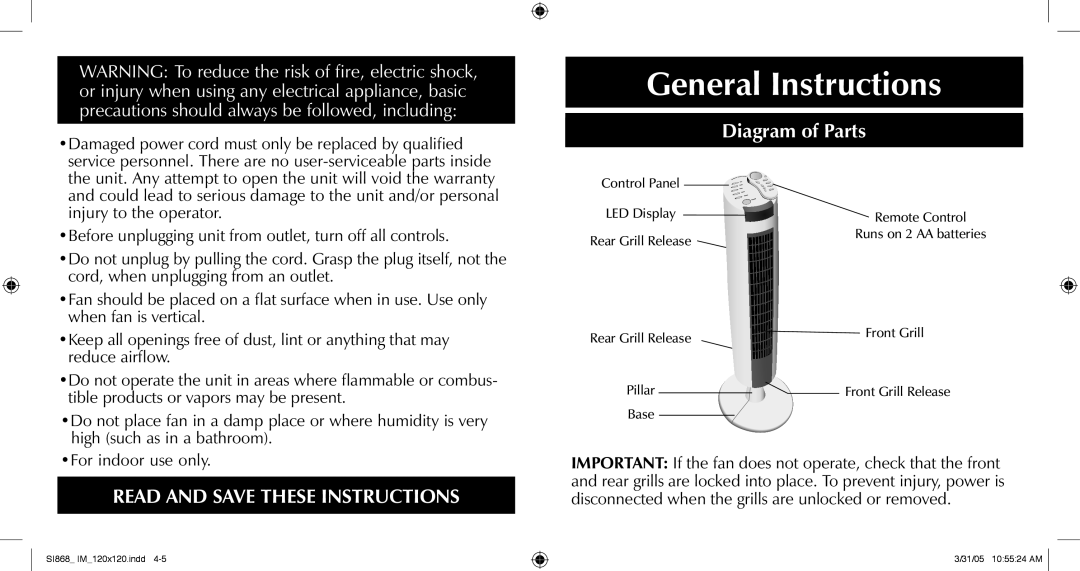 Sharper Image SI868 manual General Instructions, Diagram of Parts 