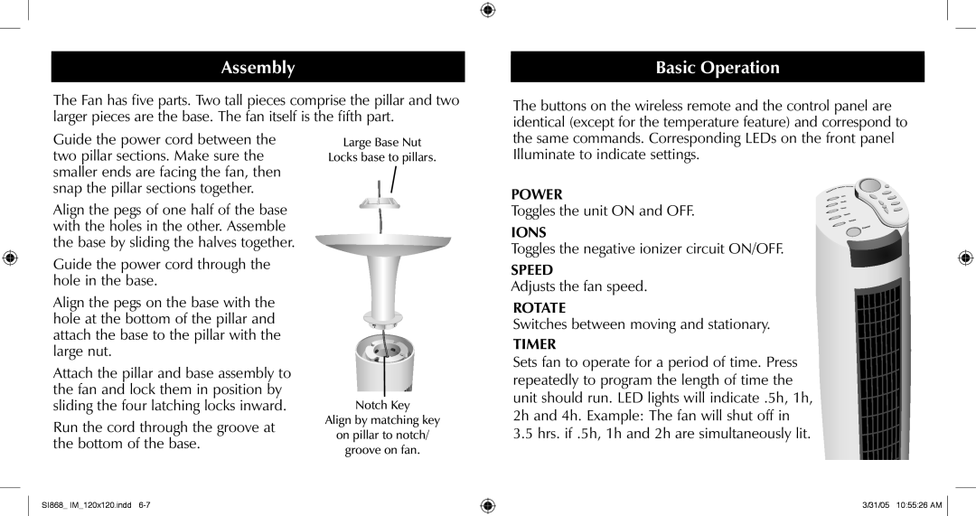 Sharper Image SI868 manual Assembly, Basic Operation 