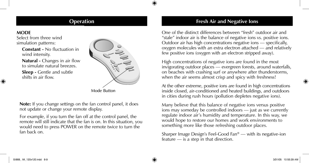 Sharper Image SI868 manual Operation, Fresh Air and Negative Ions, Mode 