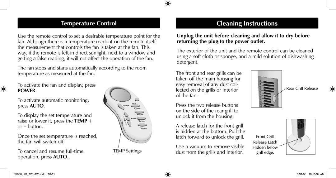 Sharper Image SI868 manual Cleaning Instructions, Temperature Control 