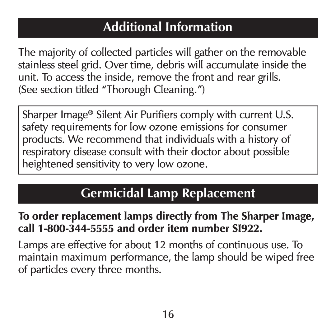 Sharper Image SI871 manual Germicidal Lamp Replacement, Additional Information 