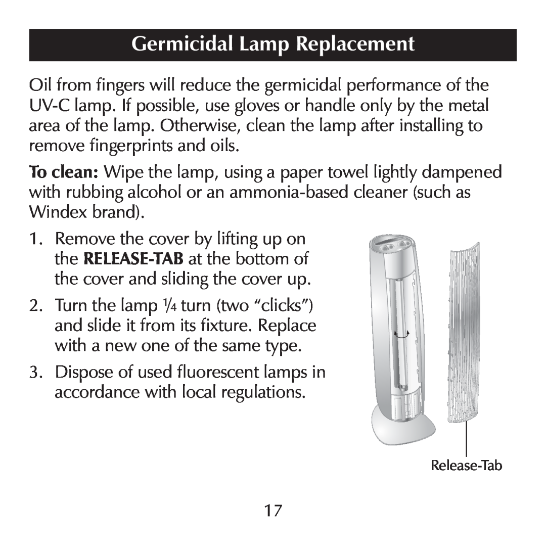 Sharper Image SI871 manual Germicidal Lamp Replacement, Turn the lamp 1/4 turn two “clicks” 