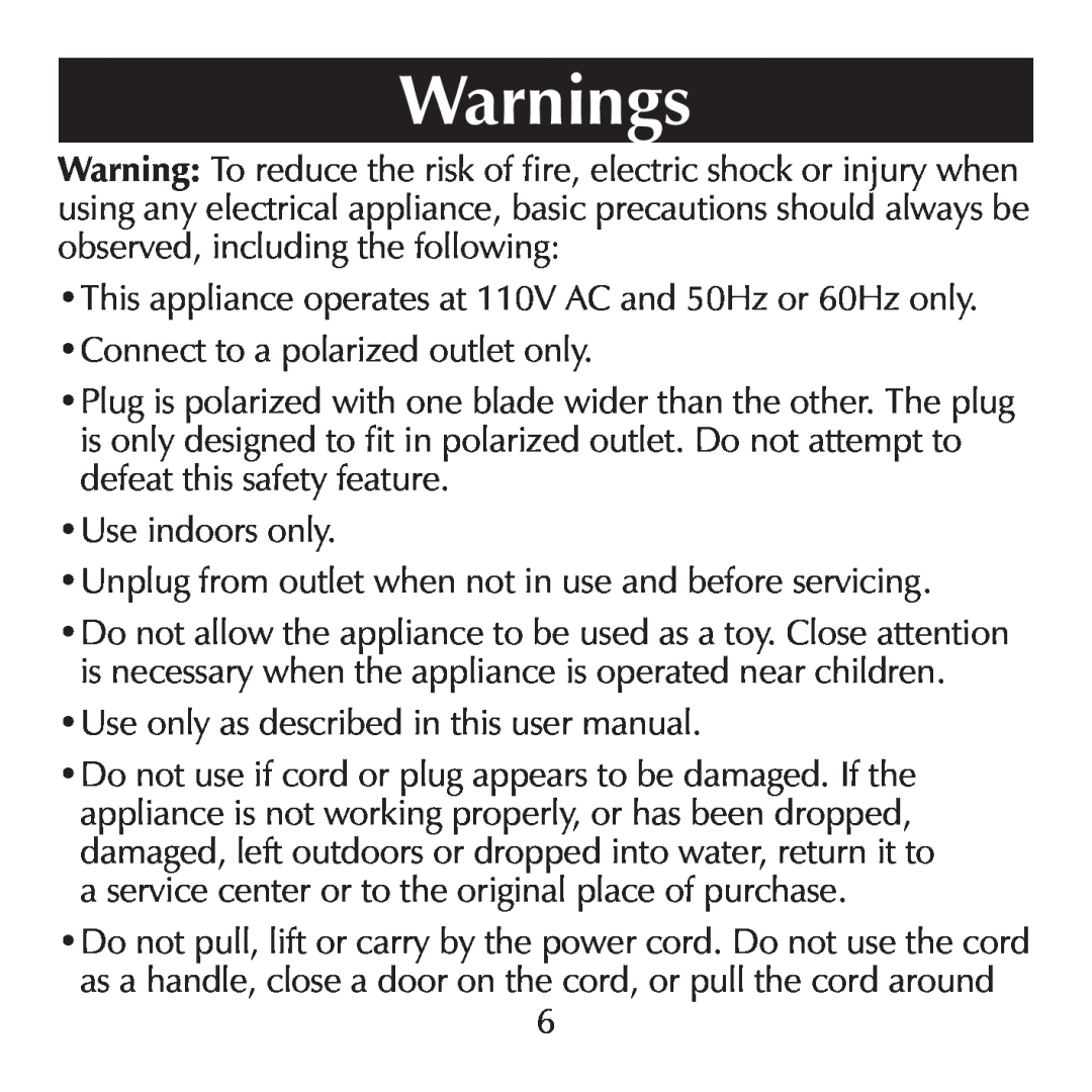 Sharper Image SI871 manual Warnings 