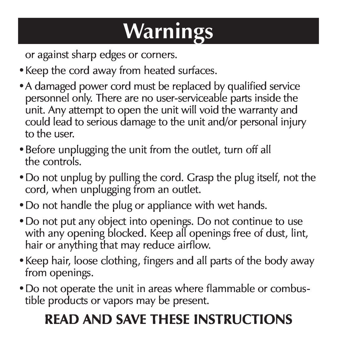 Sharper Image SI871 manual Warnings, Read And Save These Instructions 