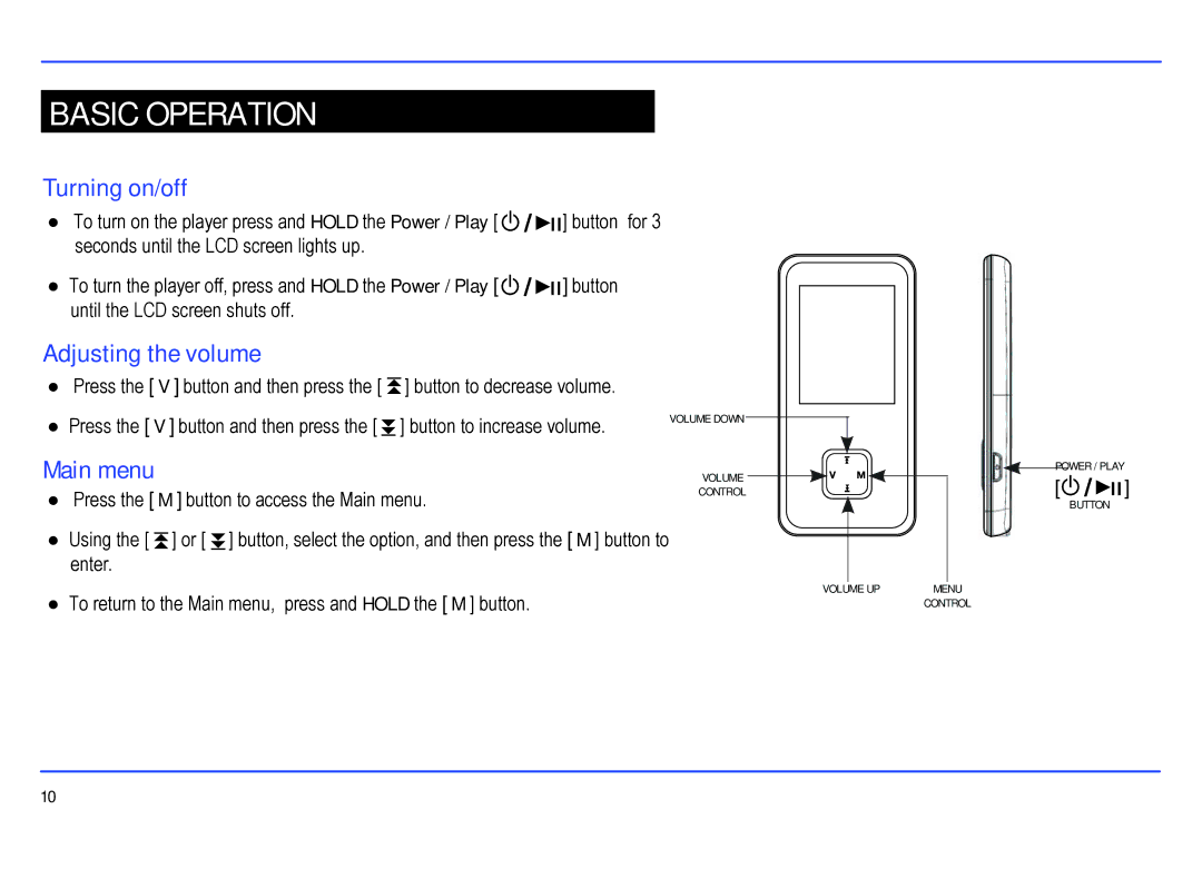 Sharper Image SMP516-2 manual Basic Operation, Turning on/off, Adjusting the volume, Main menu 