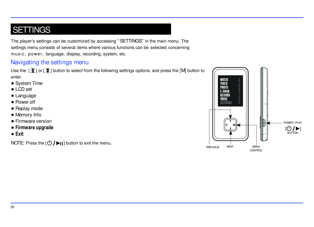 Sharper Image SMP516-2 manual Settings, Navigating the settings menu 