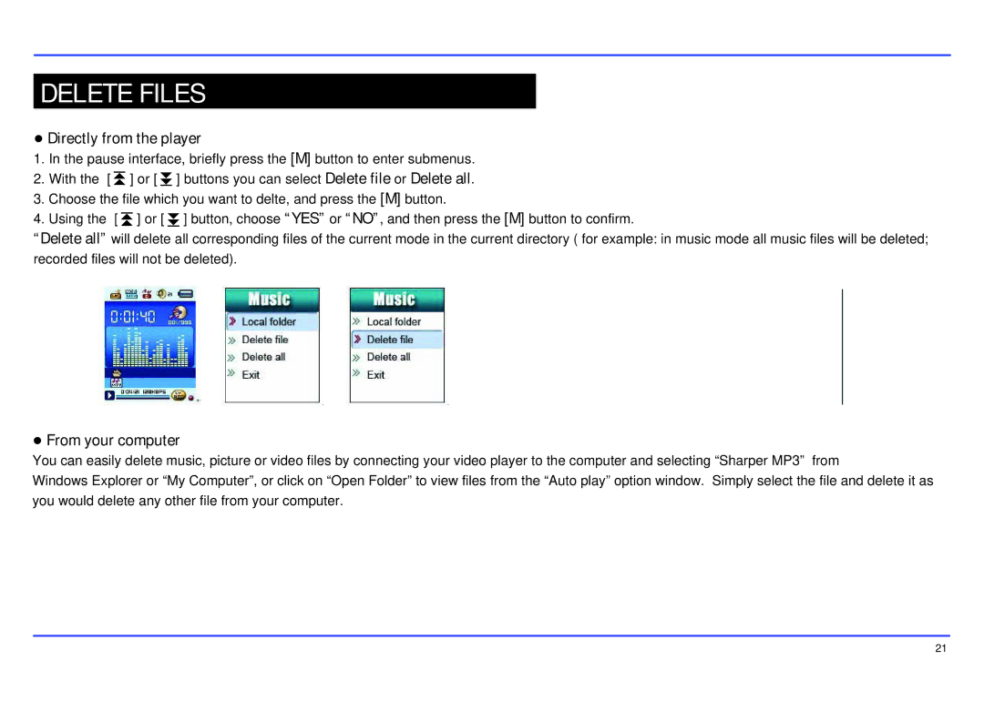 Sharper Image SMP516-2 manual Delete Files, Directly from the player 