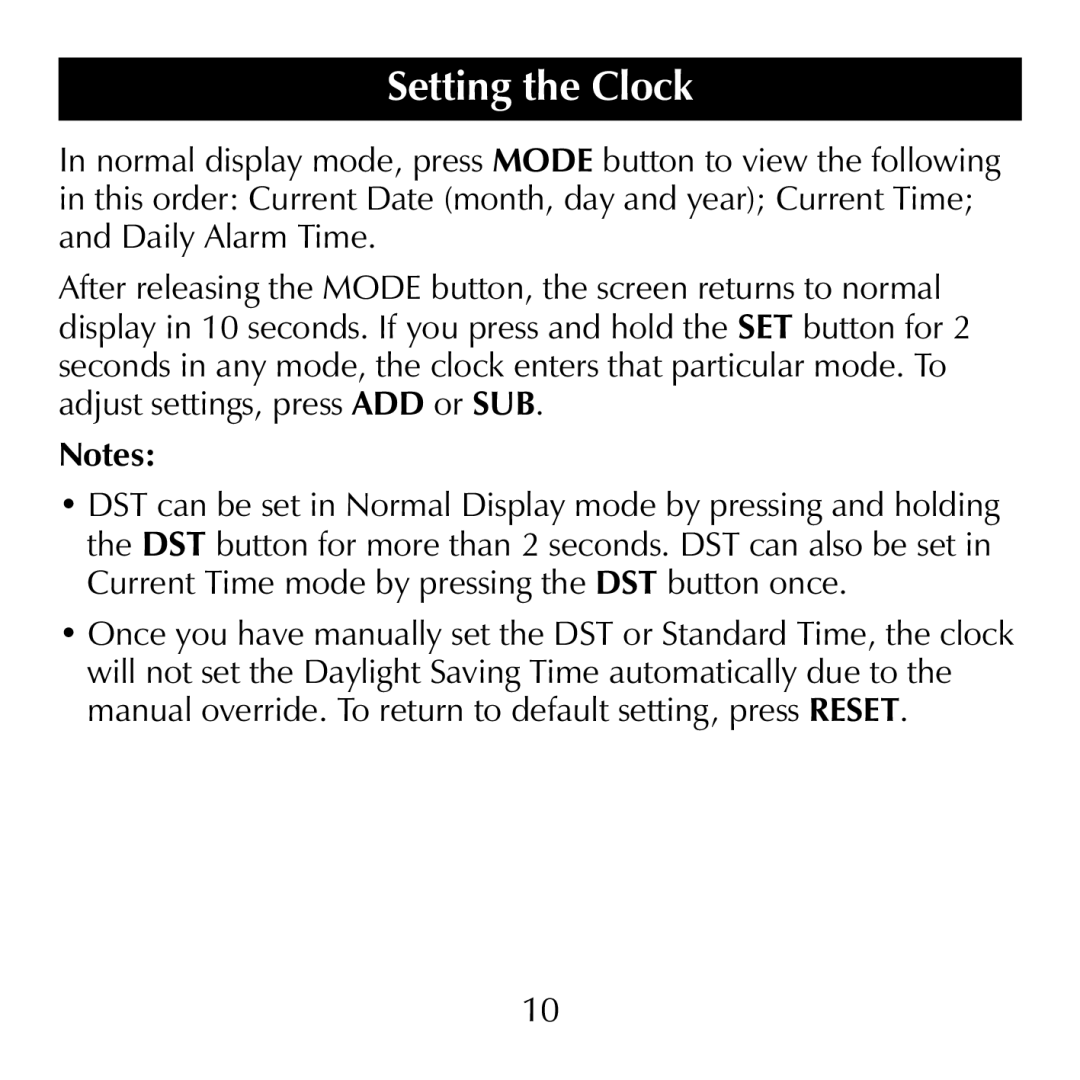 Sharper Image SN004 manual Setting the Clock 