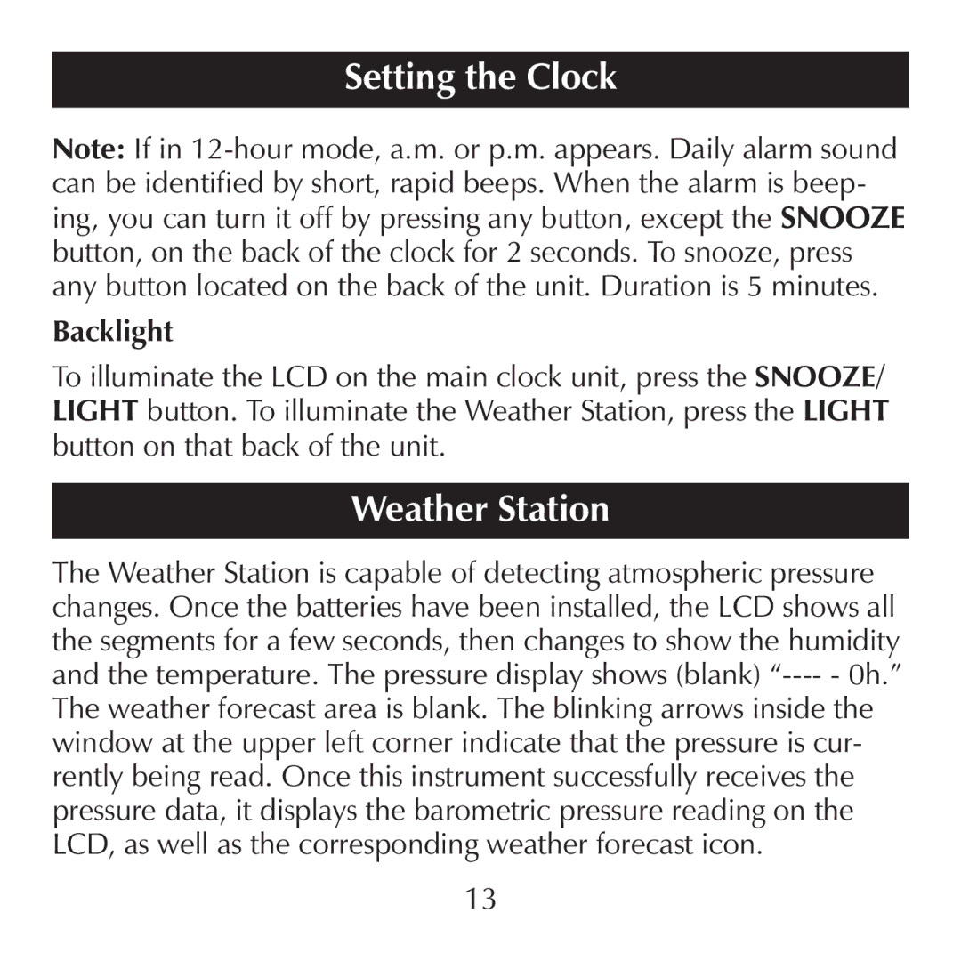 Sharper Image SN004 manual Weather Station, Backlight 