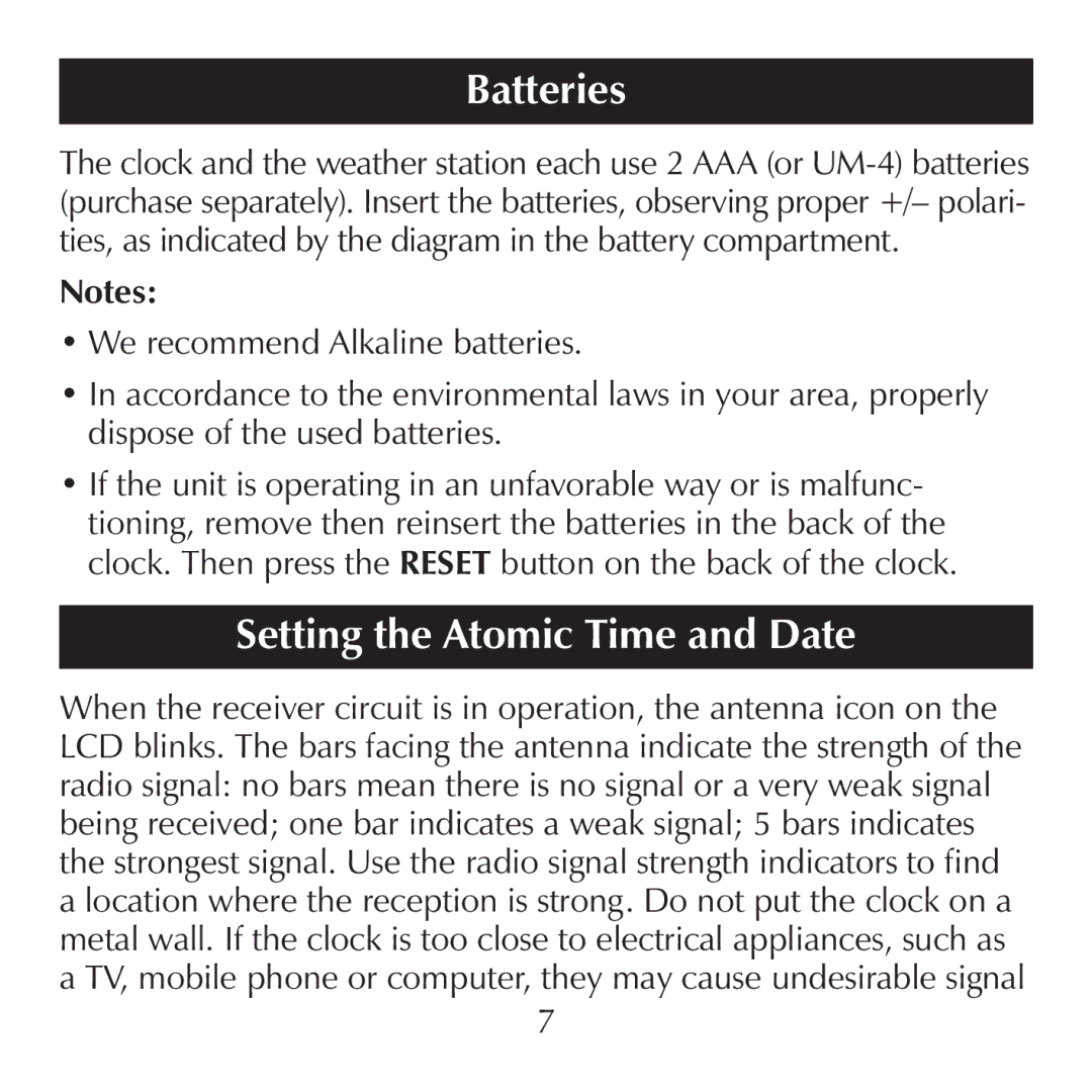 Sharper Image SN004 manual HeadBatteriesH1 or H2, Setting the Atomic Time and Date 