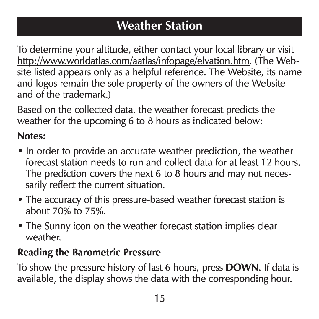 Sharper Image SN004 manual Weather Station, Reading the Barometric Pressure 