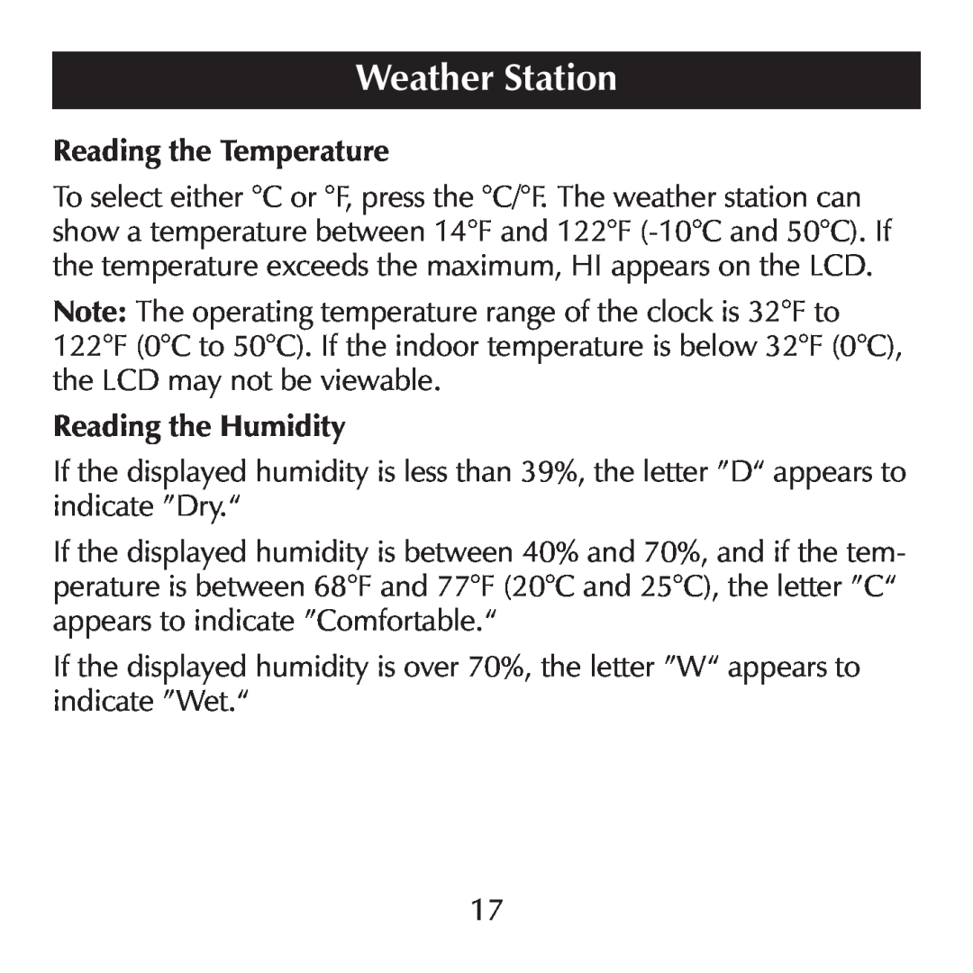 Sharper Image SN004 manual Weather Station, Reading the Temperature, Reading the Humidity 
