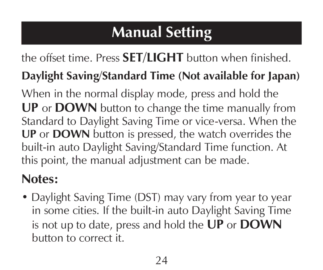 Sharper Image SN005 manual Offset time. Press SET/LIGHT button when finished 