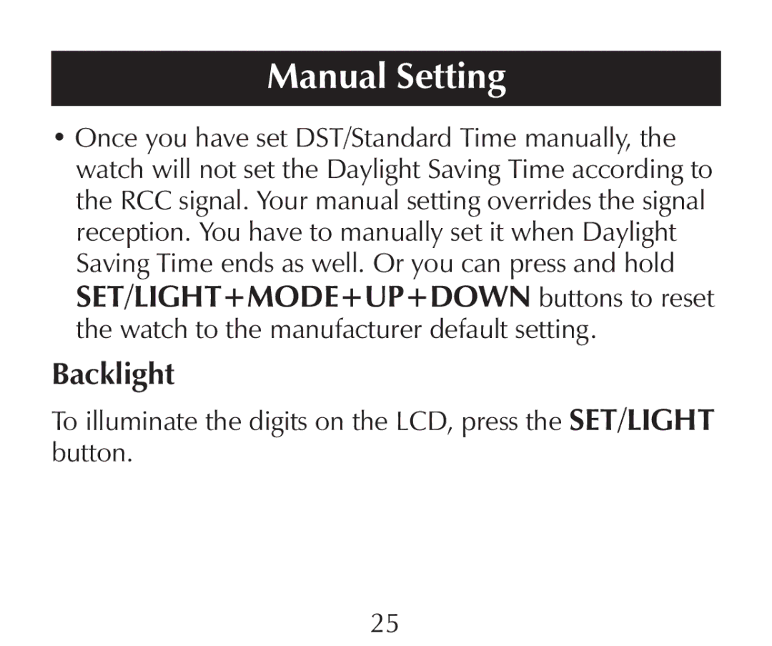 Sharper Image SN005 manual Backlight 