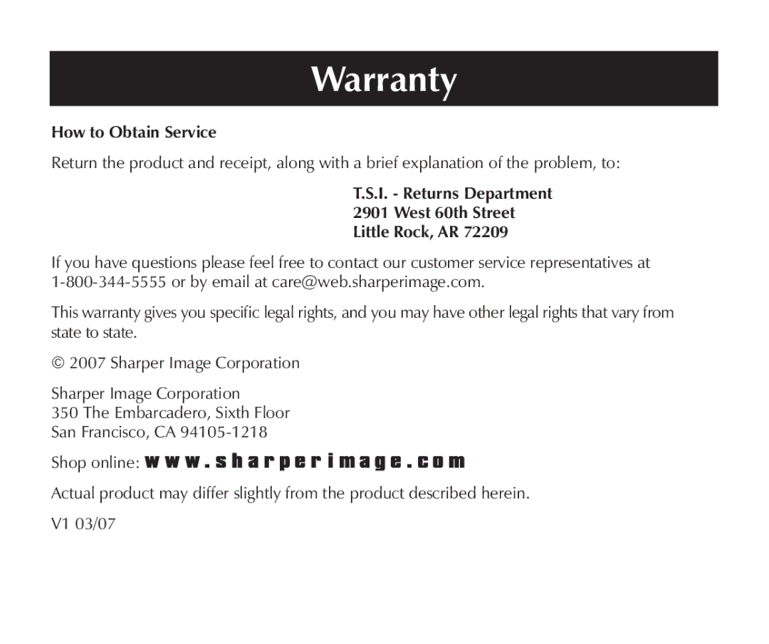 Sharper Image SN005 manual How to Obtain Service 