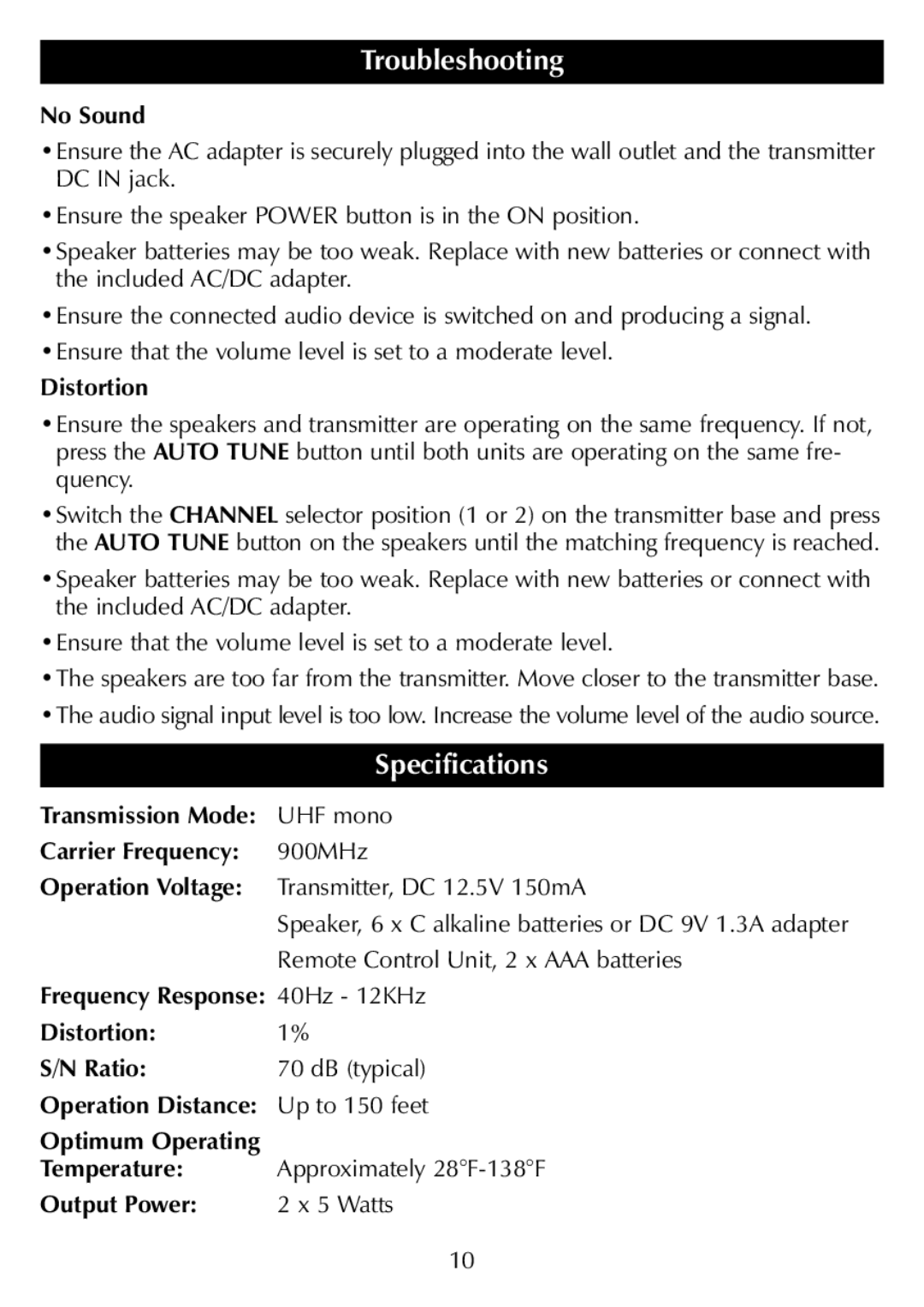 Sharper Image SR277 manual Troubleshooting, Specifications 