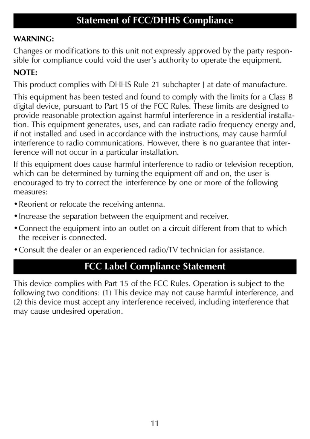 Sharper Image SR277 manual Statement of FCC/DHHS Compliance, FCC Label Compliance Statement 