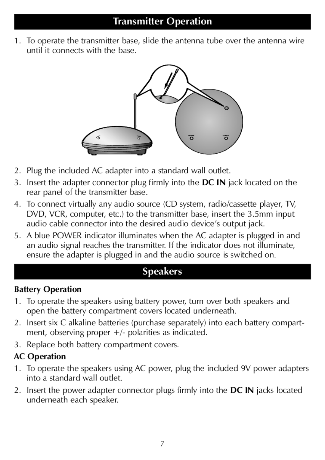 Sharper Image SR277 manual Transmitter Operation, Speakers, Battery Operation, AC Operation 