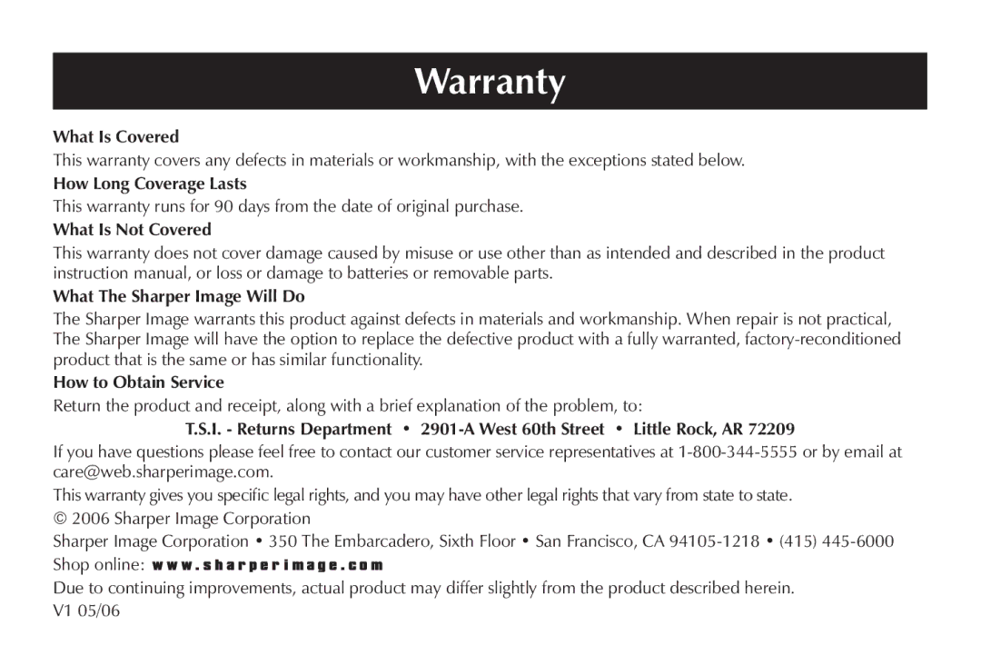 Sharper Image SR294 manual Warranty, What Is Covered 