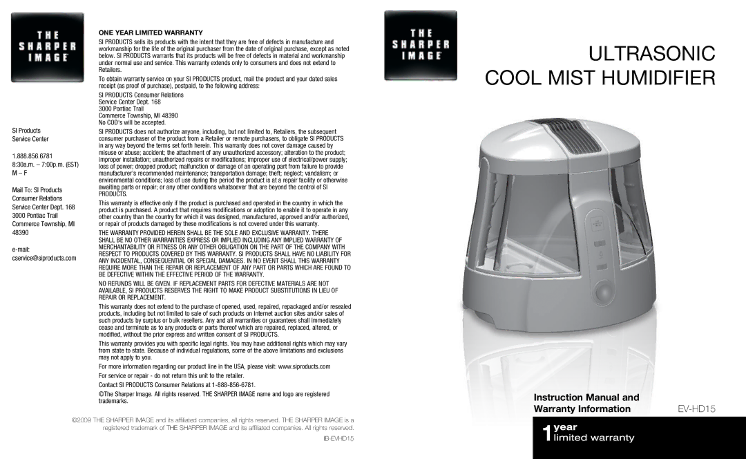 Sharper Image the sharper image ultrasonic cool mist humidifier instruction manual Warranty Information 