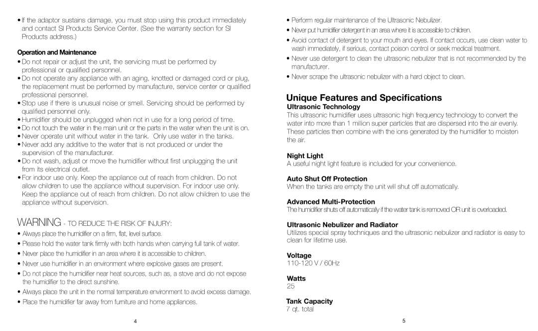 Sharper Image the sharper image ultrasonic cool mist humidifier instruction manual Unique Features and Specifications 