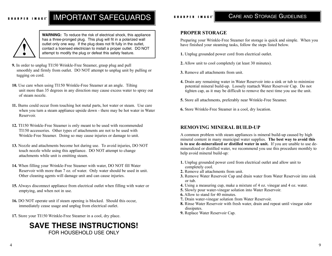 Sharper Image TI150 manual Proper Storage, Removing Mineral BUILD-UP, Care and Storage Guidelines 