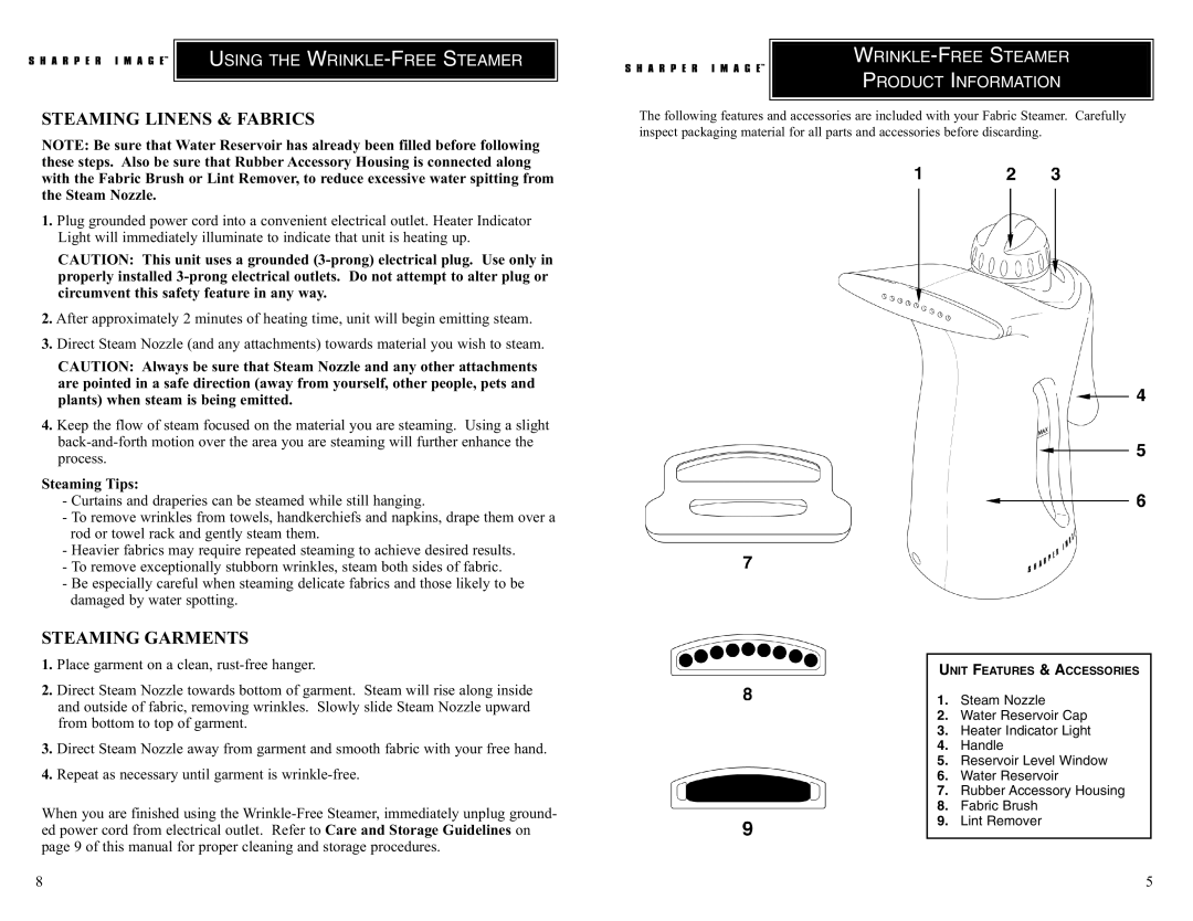 Sharper Image TI150 manual Steaming Linens & Fabrics, Steaming Garments, Using the WRINKLE-FREE Steamer 