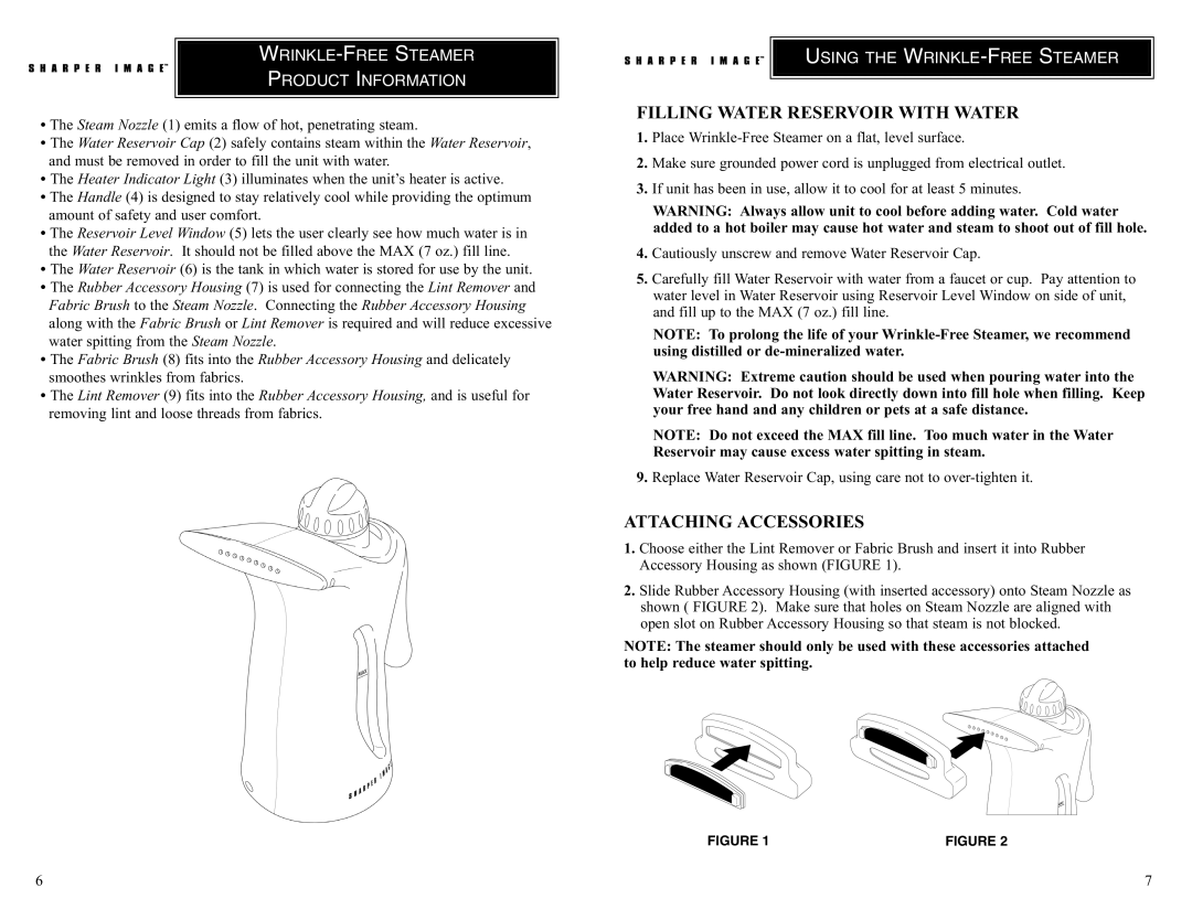 Sharper Image TI150 manual Filling Water Reservoir with Water, Attaching Accessories 