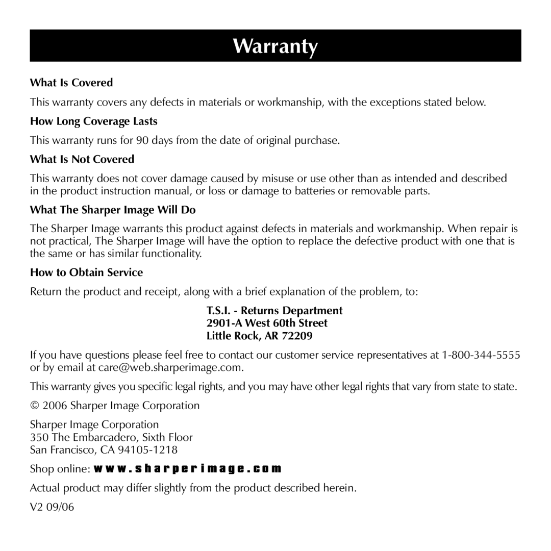 Sharper Image ZN020 manual Warranty, What Is Covered, How Long Coverage Lasts, What Is Not Covered, How to Obtain Service 