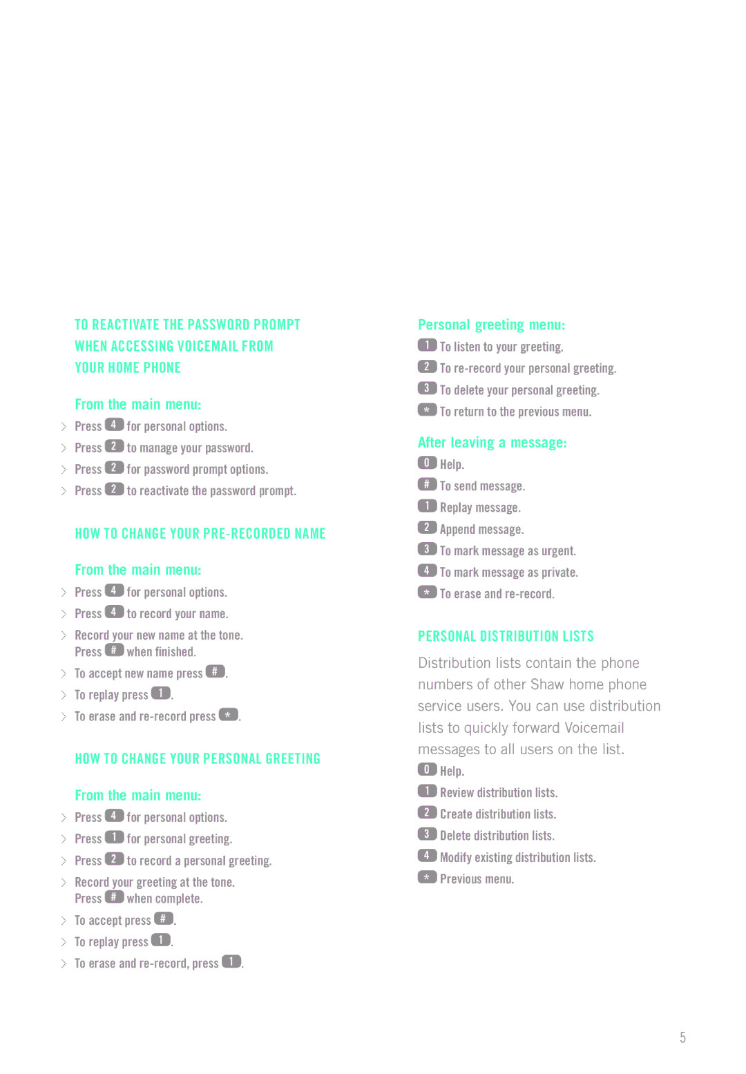 Shaw digital Phone manual How to change your pre-recorded name From the main menu, Personal greeting menu 