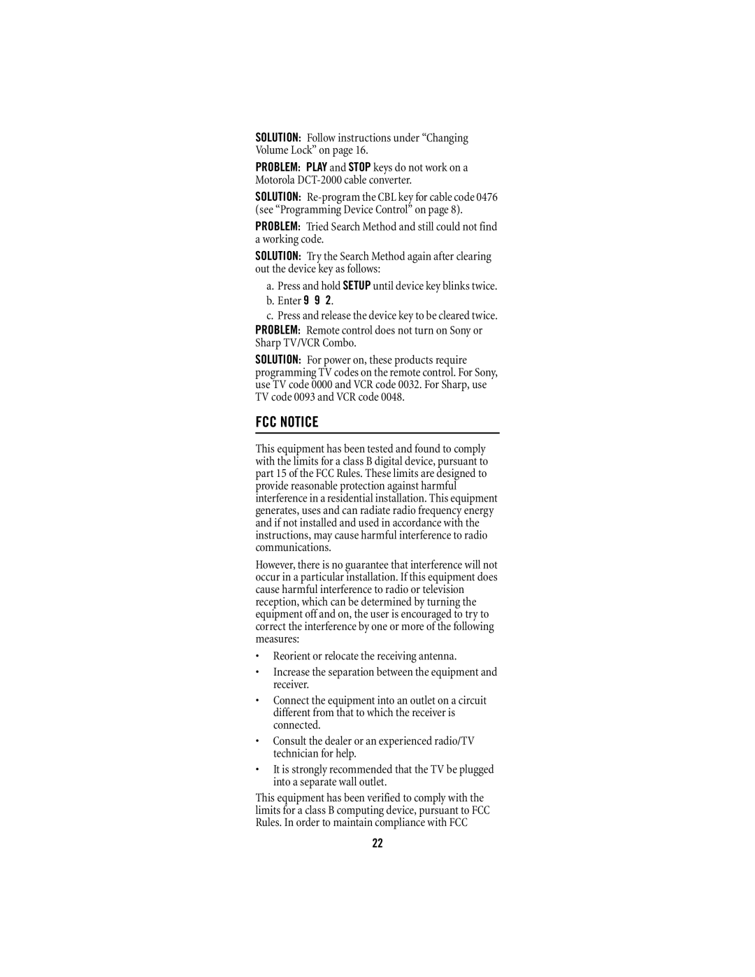 Shaw M1055FR manual FCC Notice, Solution Follow instructions under Changing Volume Lock on 