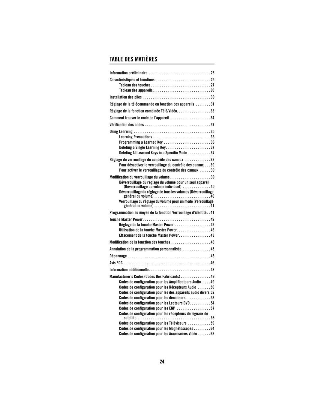 Shaw M1055FR manual Table DES Matières, Modification du verrouillage du volume 