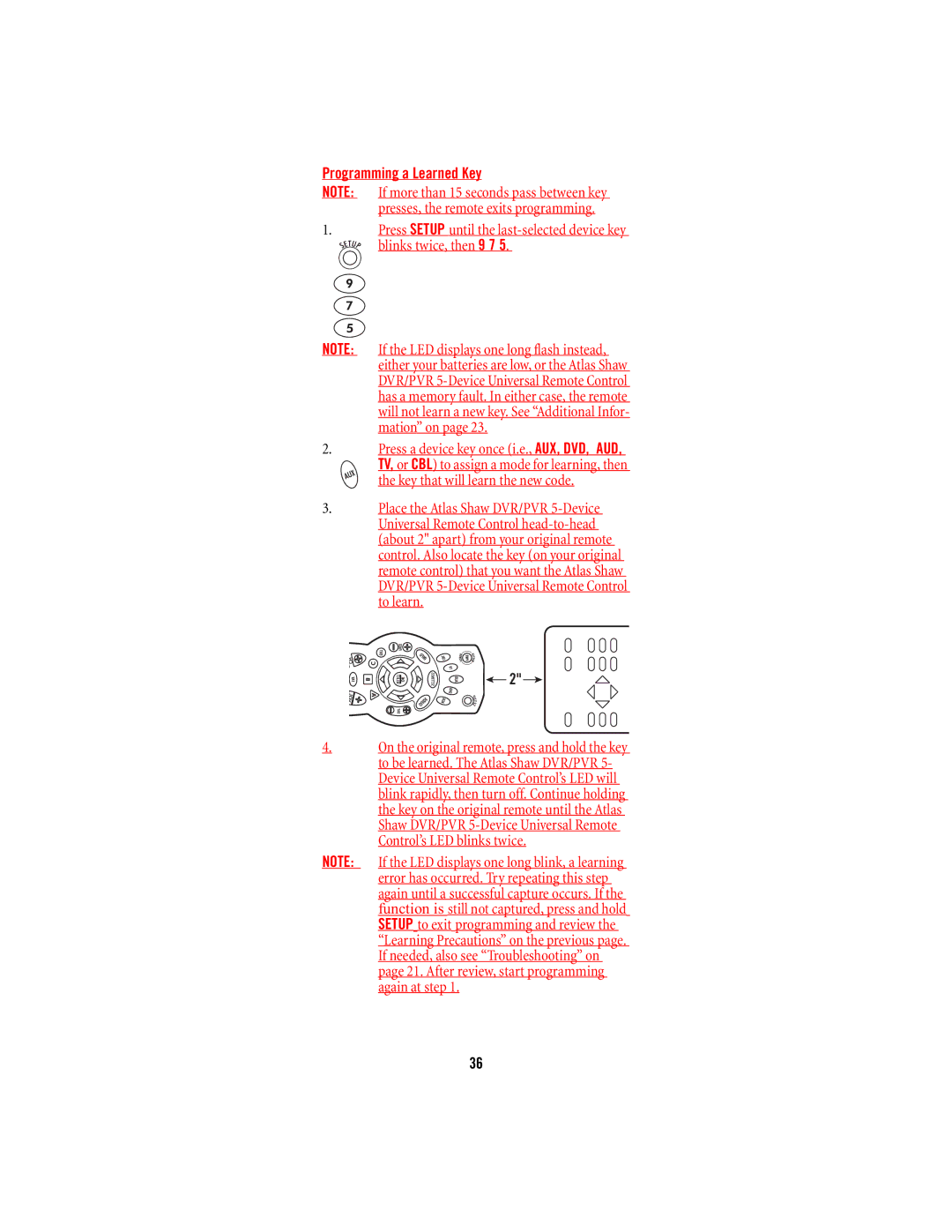 Shaw M1055FR manual Programming a Learned Key 