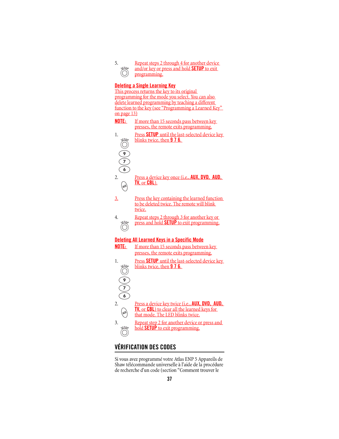 Shaw M1055FR manual Vérification DES Codes, Deleting a Single Learning Key 