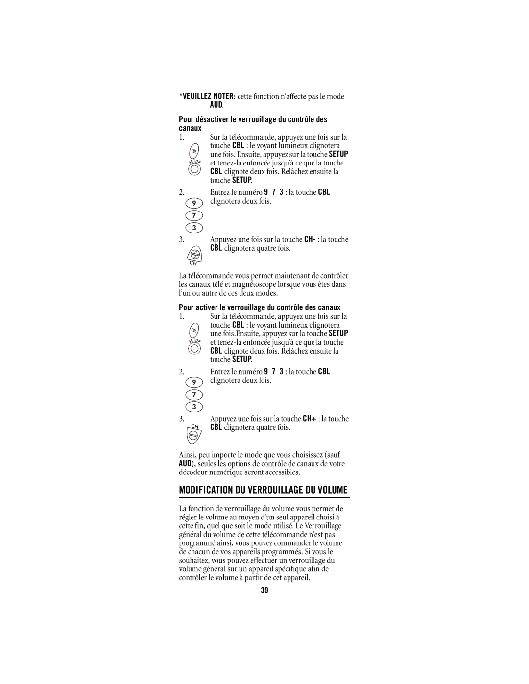 Shaw M1055FR manual Modification DU Verrouillage DU Volume, Veuillez Noter cette fonction n’affecte pas le mode AUD 